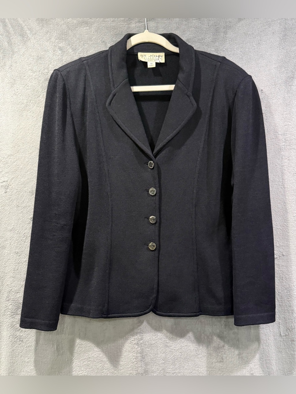 St John Collection Black Santana Knit Blazer Ornate SJ Button Jacket Size 14 VTG